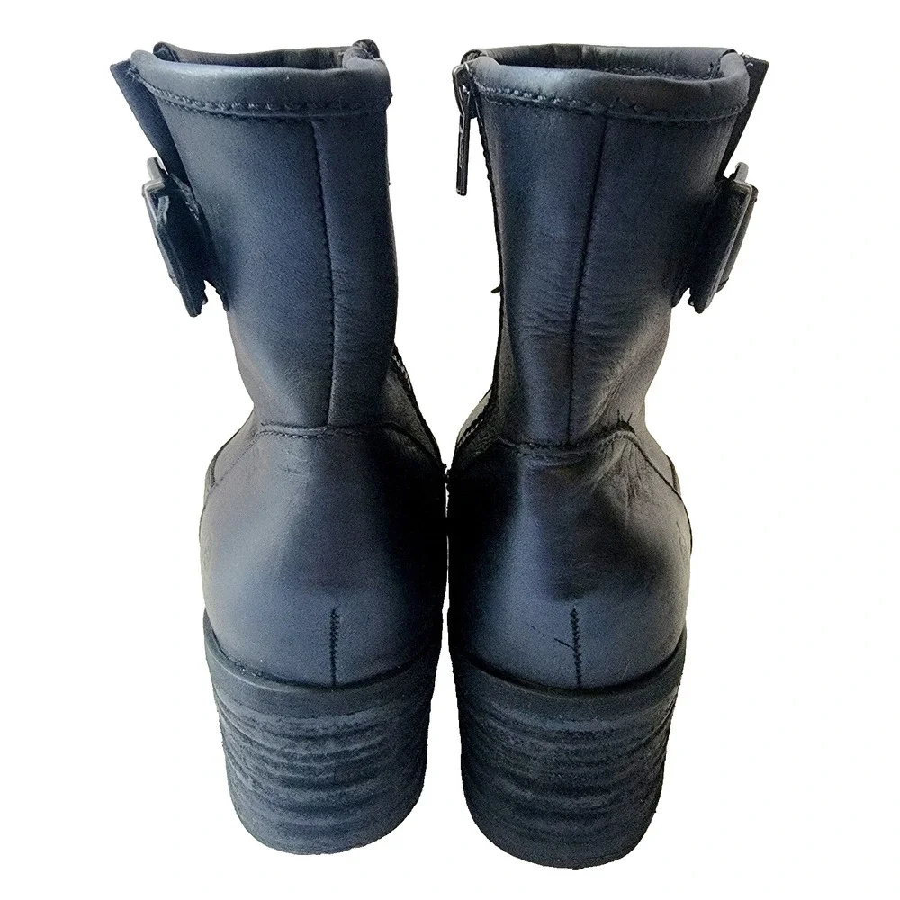 Born Kati Black Leather Moto Ankle Boots Side Zip Buckle Size 8M